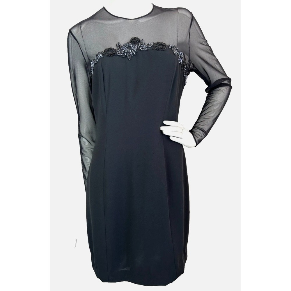 90s Whimsigoth Myles Studio Black Dress Large Sheer Beaded Evening Wedding Guest